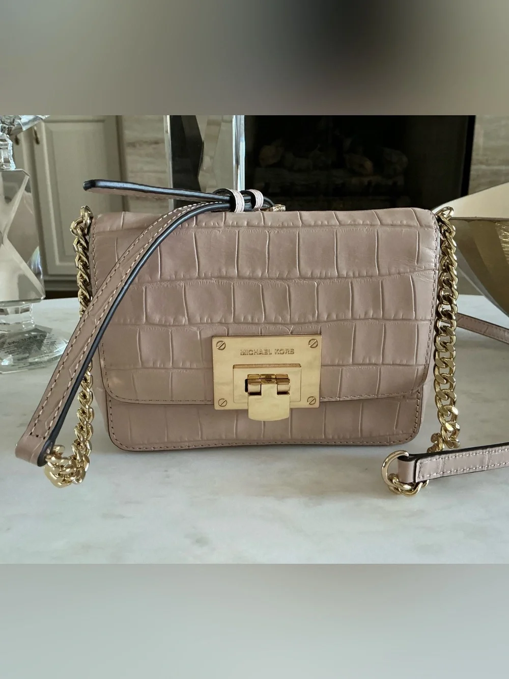 Michael  Kors -  Croc-Embossed light Pink Leather Crossbody - with Gold Hardware
